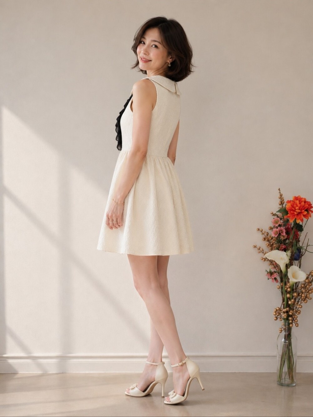 Kensie | Cream Fit & Flare Dress Black Frill Peter Pan Collar Sleeveless Mini - Picture 2 of 11